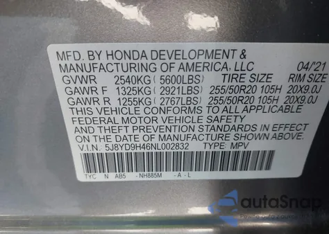 2022 Acura Mdx Technology Package z USA, uszkodzony, nr VIN 5J8YD9H46NL002832